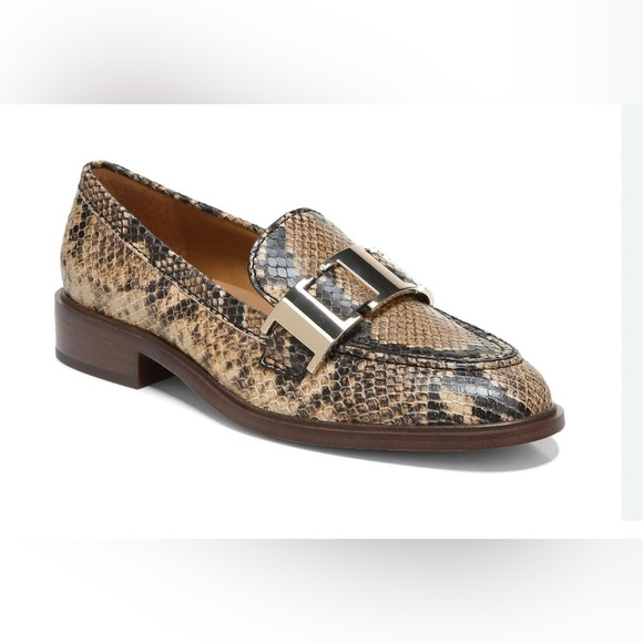 Franco Sarto Snakeskin Pattern Leather Loafers, Gold Buckle, Sz. 9M, Brown/Black